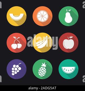 Fruit flat design long shadow icons set. Melon slice, orange, pear, two cherries, bananas bundle, bunch of grapes, apple, pineapple, watermelon. Vecto Stock Vector