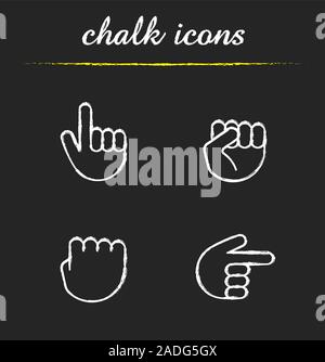 Hand gestures chalk icons set. Squeezed and raised fists, hands pointing right and up. Isolated vector chalkboard illustrations Stock Vector
