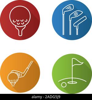 Golf flat linear long shadow icons set. Golf course, clubs, ball on tee. Vector line illustration Stock Vector
