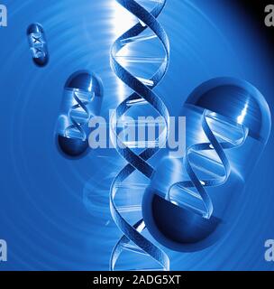 Gene therapy. Conceptual computer artwork of drug capsules filled with DNA (deoxyribonucleic acid), to depict gene therapy 'pills'. Gene therapy is th Stock Photo