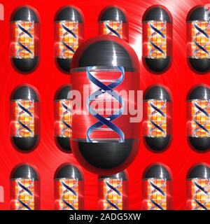 Gene therapy. Conceptual computer artwork of drug capsules filled with DNA (deoxyribonucleic acid), to depict gene therapy 'pills'. Gene therapy is th Stock Photo