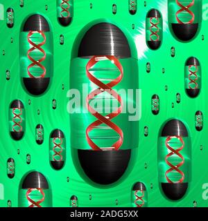 Gene therapy. Conceptual computer artwork of drug capsules filled with DNA (deoxyribonucleic acid), to depict gene therapy 'pills'. Gene therapy is th Stock Photo