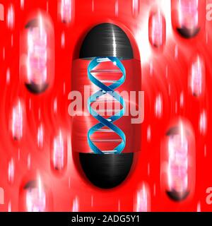 Gene therapy. Conceptual computer artwork of drug capsules filled with DNA (deoxyribonucleic acid), to depict gene therapy 'pills'. Gene therapy is th Stock Photo
