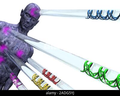 Gene therapy. Conceptual computer artwork representing gene therapy, showing beams of DNA (deoxyribonucleic acid, spiral structures) being targeted at Stock Photo