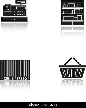 Supermarket drop shadow black icons set. Shopping basket, cash register, bar code, shop shelves. Grocery store items. Isolated vector illustrations Stock Vector
