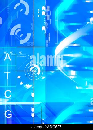 Genetic research. Conceptual computer artwork showing part of a DNA molecule (down right) and the letter codes for the nucleotide bases: adenine (A), Stock Photo