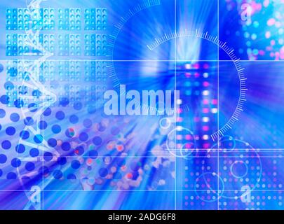 Genetic research. Conceptual computer artwork showing part of a DNA molecule (down left) and a molecule of thrombin (lower left). Thrombin is an enzym Stock Photo