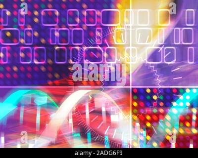 Genetic research. Conceptual computer artwork of proteomics, showing part of a DNA molecule (down right) & protein gel spots (down left). Proteomics i Stock Photo