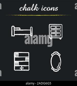 Furniture chalk icons set. Bedroom interior. Bed, nightstand, bookcase, wall mirror. Isolated vector chalkboard illustrations Stock Vector