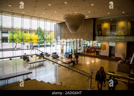 Lobby of the Chazen Museum of Art with a chandelier made of recycled plastic bottles, Madison, Wisconsin, USA Stock Photo