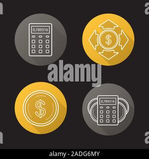 Banking and finance. Flat linear long shadow icons set. Calculator, dollar coin, money spending, income calculations. Personal financial planning. Vec Stock Vector
