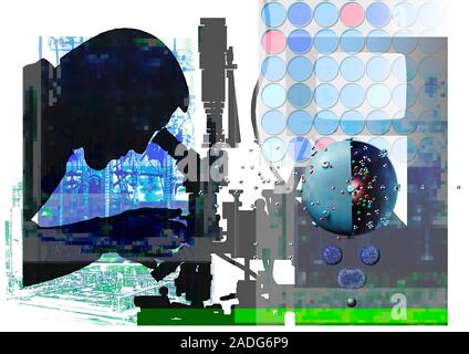 Biotechnology research, conceptual image. Silhouette of a scientist looking through a microscope. The scientist is superimposed upon images of machine Stock Photo