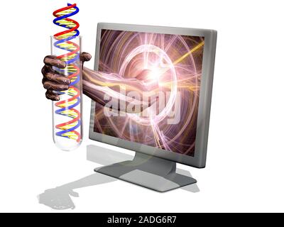 DNA research. Conceptual computer artwork showing an arm emerging from a computer display and presenting a test tube of DNA. Computers are used widely Stock Photo
