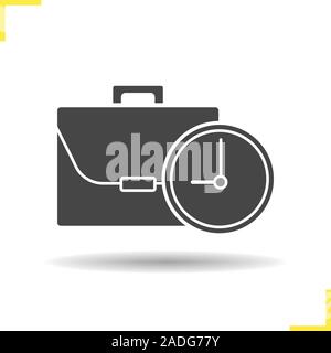 Work time icon. Drop shadow working hours silhouette symbol. Business briefcase with clock. Negative space. Vector isolated illustration Stock Vector