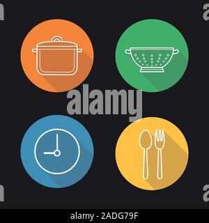 Mealtime flat linear long shadow icons set. Cooking process. Stew pan, fork and spoon, clock, kitchen sieve. Vector line illustration Stock Vector