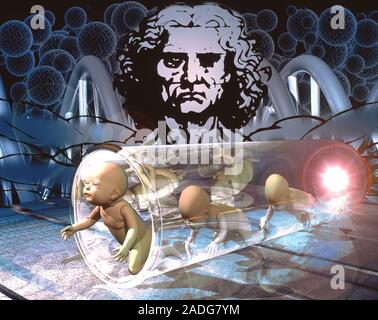 Human cloning. Conceptual computer artwork of babies emerging from a tunnel, representing human cloning. Human eggs (blue spheres), the face of a man Stock Photo