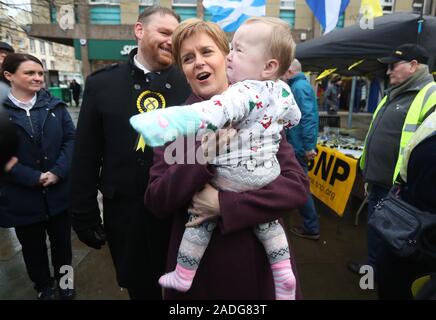 SNP leader Nicola Sturgeon holds a baby in Dalkeith, while on the General Election campaign trail in Scotland. PA Photo. Picture date: Wednesday December 4, 2019. See PA story POLITICS Election . Photo credit should read: Andrew Milligan/PA Wire Stock Photo