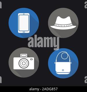 Tourist's equipment. Flat design long shadow icons set. Men's accessories. Smartphone, photo camera, homburg hat and leather handbag. Vector silhouett Stock Vector