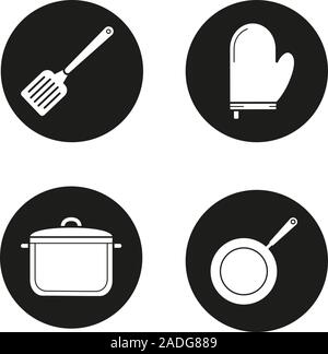Kitchenware icons set. Cooking equipment. Spatula, pot holder, saucepan, frying pan. Vector white silhouettes illustrations in black circles Stock Vector