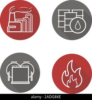 Oil industry flat linear long shadow icons set. Industrial factory with smoke, barrels and storage, flammable sign. Vector line illustration Stock Vector