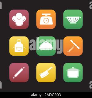Kitchenware flat design icons set. Chef's hat, kitchen food scales, colander, apron, covered dish, stew pot, rolling pin, cleaver, corkscrew. Web appl Stock Vector