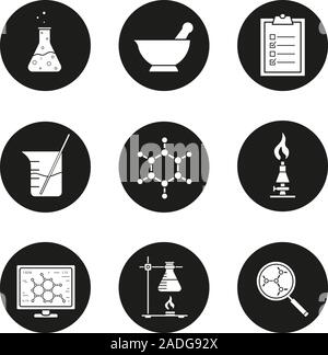 Chemical laboratory icons set. Chemical reaction, mortar and pestle, test checklist, beaker with rod, molecular structure, lab burner, flask. Vector w Stock Vector