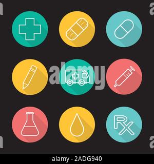 Hospital flat linear long shadow icons set. Medical cross, adhesive band aid, pill, pencil, emergency car, syringe, beaker with liquid, drop, rx presc Stock Vector