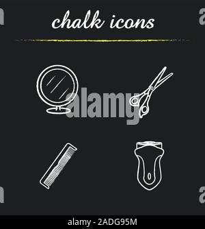 Barbershop accessories chalk icons set. Table mirror, scissors, comb, electric razor. Isolated vector chalkboard illustrations Stock Vector