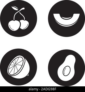 Fruit icons set. Cherries, melon slice, lemon half, open avocado. Vector white silhouettes illustrations in black circles Stock Vector