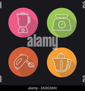 Kitchen appliances. Flat linear long shadow icons set. Blender, hand mixer, juicer, kitchen food scales. Vector line illustration Stock Vector