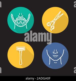 Barbershop flat linear long shadow icons set. Man's beard and clean face, scissors, shaver. Vector line illustration Stock Vector