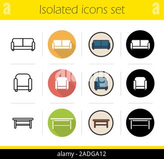 Furniture icons set. Flat design, linear, black and color styles. Sofa, armchair, classic table. Isolated vector illustrations Stock Vector