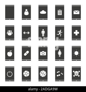 Smartphone apps icons set. Silhouette symbols. Smart phone users, photo camera, energy, cloud storage, email, trash, turn off button, sport and medica Stock Vector