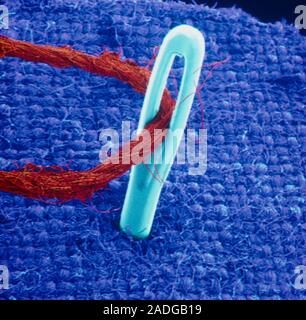 Needle & thread. Coloured Scanning Electron Micrograph (SEM) of a needle, threaded with cotton (red) and inserted up to the eye into a piece of fabric Stock Photo