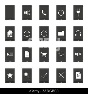 Smartphone apps icons set. Silhouette symbols. Home page, playlist, listen to music, media file, folder, rate, refresh, mute on and turn off buttons. Stock Vector