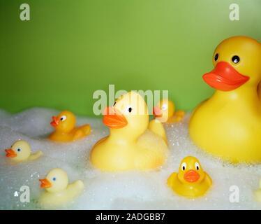 Rubber ducks of assorted sizes and types in a foamy bath. Stock Photo