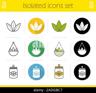 Tea icons set. Flat design, linear, black and color styles. Loose tea leaves in bulk, container. Isolated vector illustrations Stock Vector
