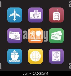 Travel and tourism flat design icons set. Credit cards, tropical island, globe, cruise ship, passport, airplane flight, photo camera, suitcase, ticket Stock Vector