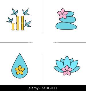 Spa salon color icons set. Aromatherapy. Stones massage, aroma oil drop, spa flowers and bamboo with leaves. Isolated vector illustrations Stock Vector