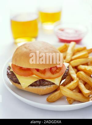 Cheeseburger and chips. Processed foods such as found in a cheeseburger are usually low in fibre and high in fats. Too much fatty food in the diet is Stock Photo