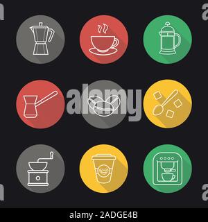 Coffee flat linear long shadow icons set. Espresso machine, classic coffee maker, steaming mug on plate, french press, turkish cezve, spoon with sugar Stock Vector