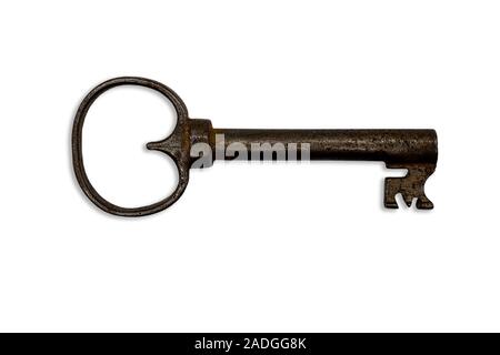 old rusty ancient key isolated on white background Stock Photo