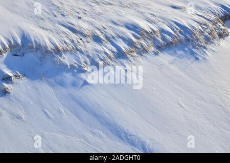 Close up of white snow background. Snow covered ground on a frosty winter day. The concept of colds and blizzards. Frozen river or lake, pure tone tex Stock Photo