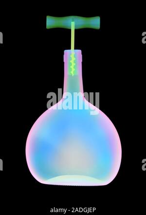 Mateus wine bottle and corkscrew, coloured X-ray. Stock Photo