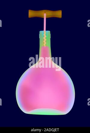 Mateus wine bottle and corkscrew, coloured X-ray. Stock Photo