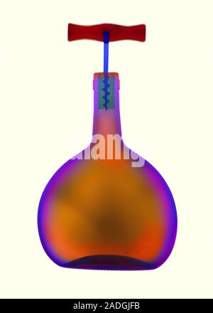 Mateus wine bottle and corkscrew, coloured X-ray. Stock Photo