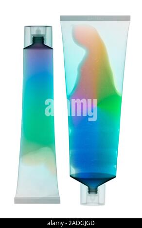 Gel tubes, coloured X-ray. These tubes can be used to dispense any gel-like product from gels to medical or cosmetic creams and toothpastes. Stock Photo