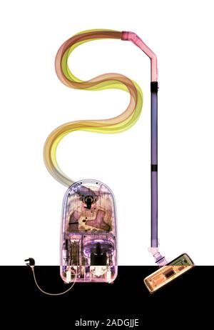 Vacuum cleaner, coloured X-ray. Domestic vacuum cleaner with its electrical cord (with attached plug, lower left) coiled internally. The flexible hose Stock Photo