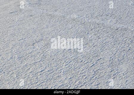 Close up of white snow background. Snow covered ground on a frosty winter day. The concept of colds and blizzards. Frozen river or lake, pure tone tex Stock Photo