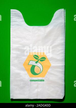 Biodegradable plastic bags. Plastic bags were previously made entirely from petroleum plastics, but poor degradability and excess environmental waste Stock Photo